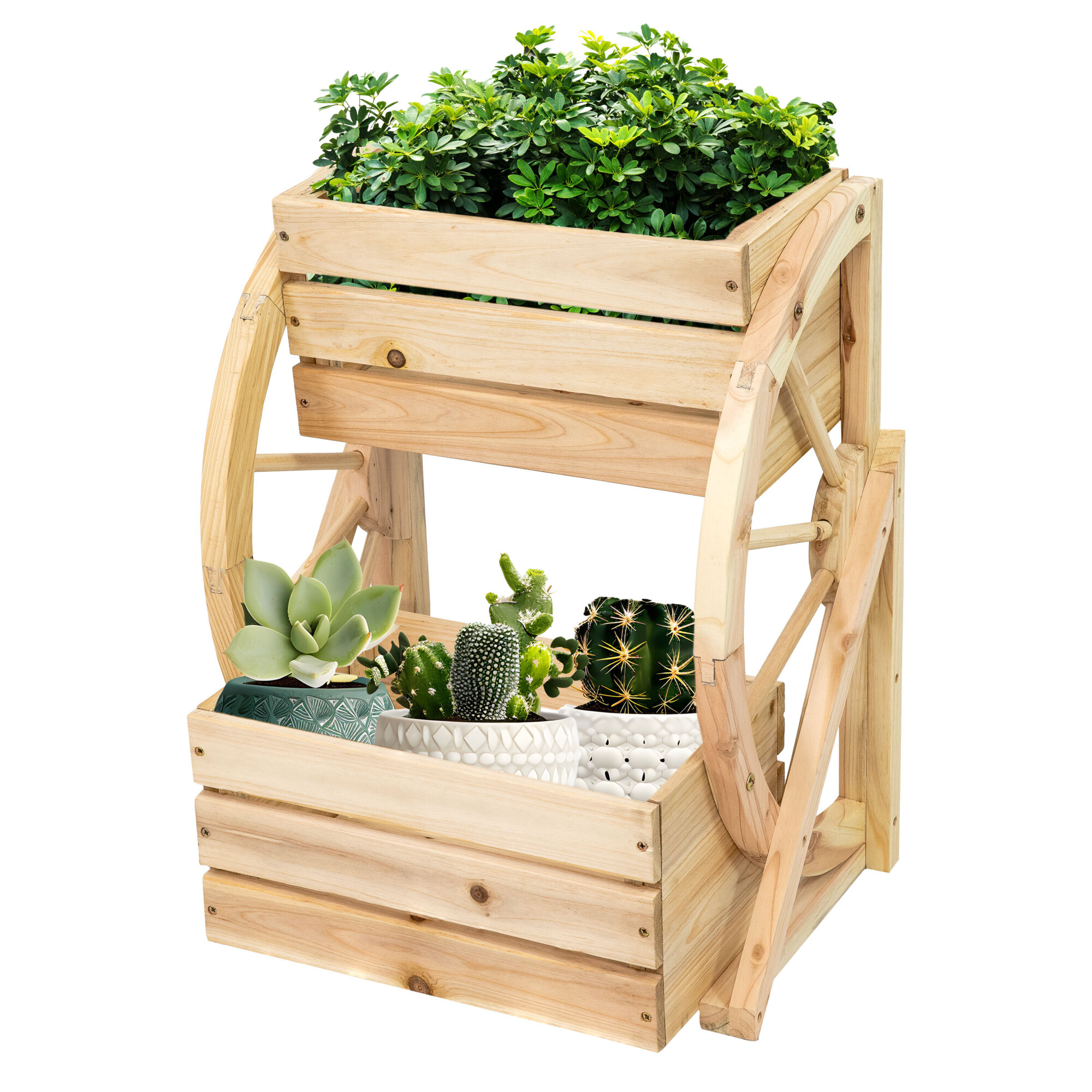 Sunnydaze Decor, 2-Tier Fir Wood Wagon Wheel Planter, Container Length 14.75 in, Container Width 19 in, Material Wood, Model# IEO-8651